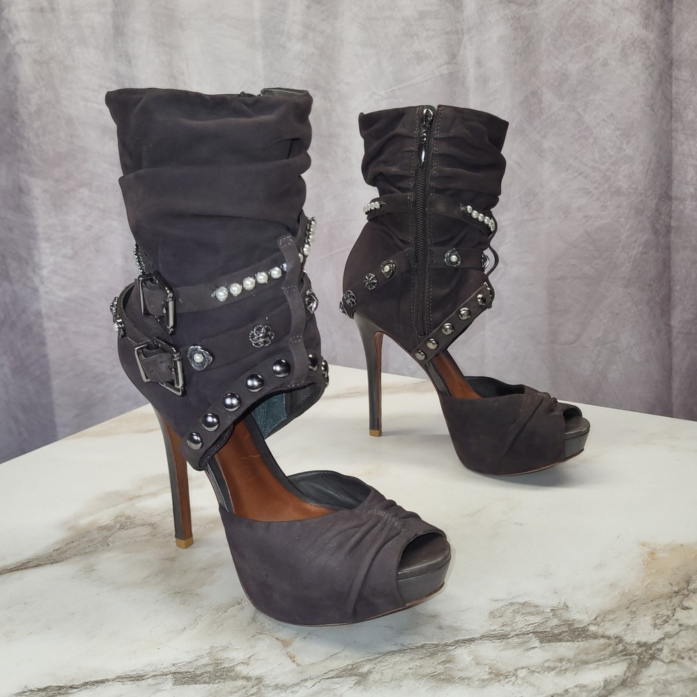 Schutz Suede Studded Pearl Platform Booties Stiletto Open Toe Womens Size 8 B